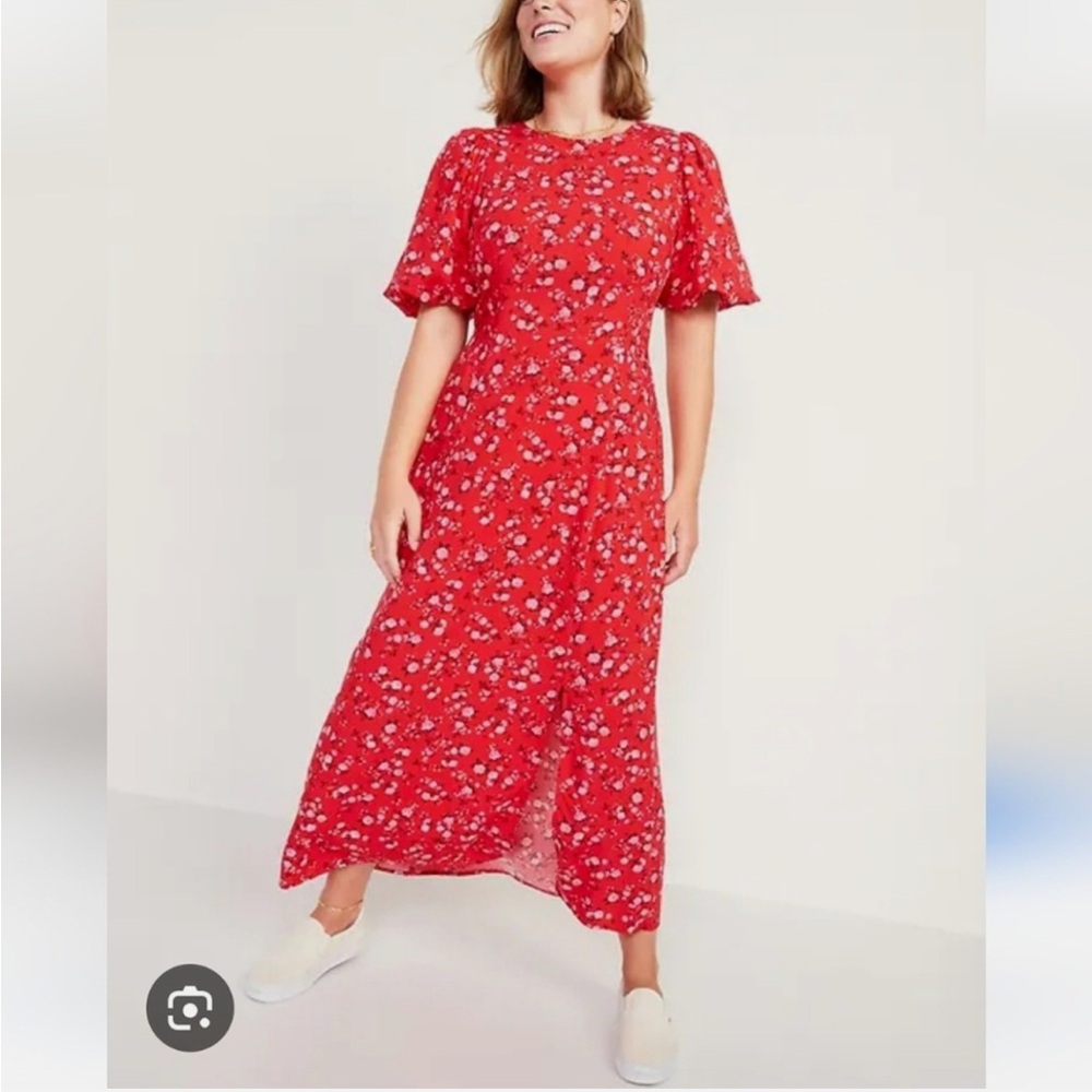Old Navy Red Sundress with Puff Sleeves and Crew Neck